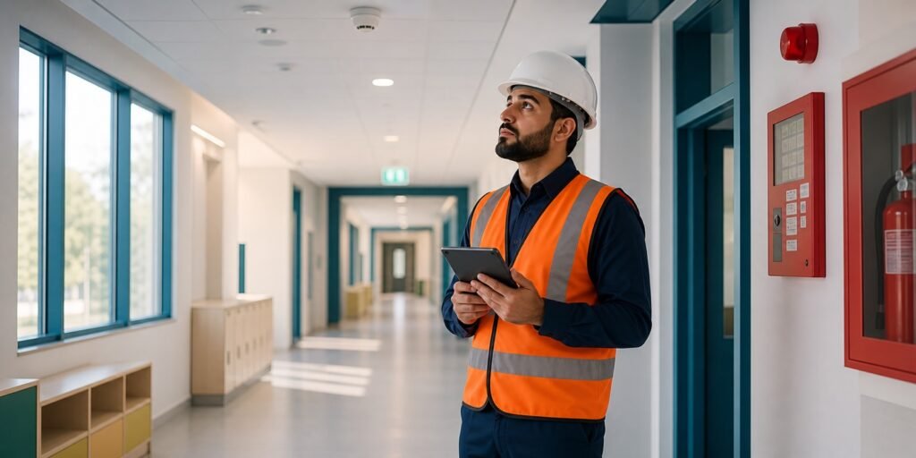 إرشادات الأمن والسلامة في المدارس - مهندس يفحص نظام إنذار الحريق